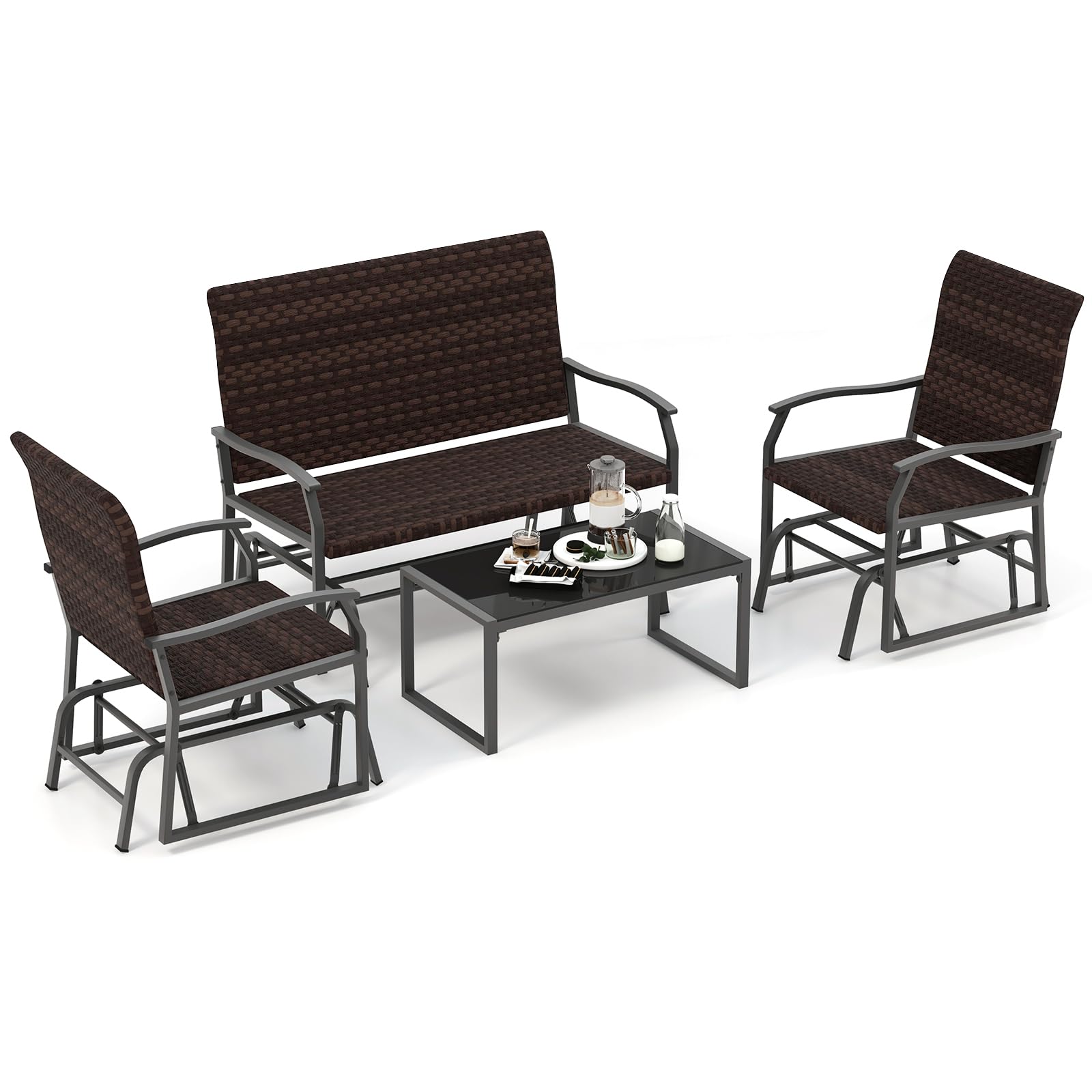 Tangkula Ensemble de 4 ou 8 pièces de mobilier de jardin à bascule, ensemble de balancelle en osier